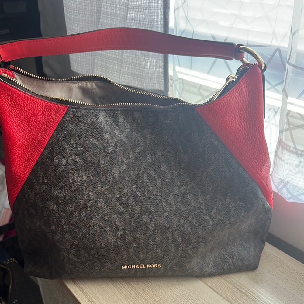 Michael Kors Red and Brown Hobo Bag with Signature Monogram - Picture 1 of 4